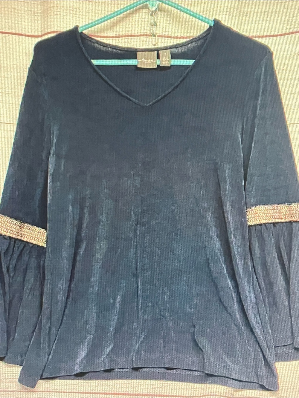 Chico's Midnight Navy Velvet V-Neck Top with Metallic Sleeve Trim